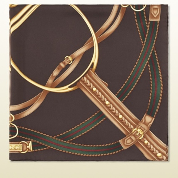 GUCCI ICONIC EQUESTRIAN HORSEBIT BROWN BEIGE GREEN SILK SCARF - Picture 6 of 9